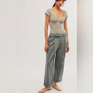 Free People Needed Breaking Mid Rise Wide Leg Pleated Steel Sea Trousers
